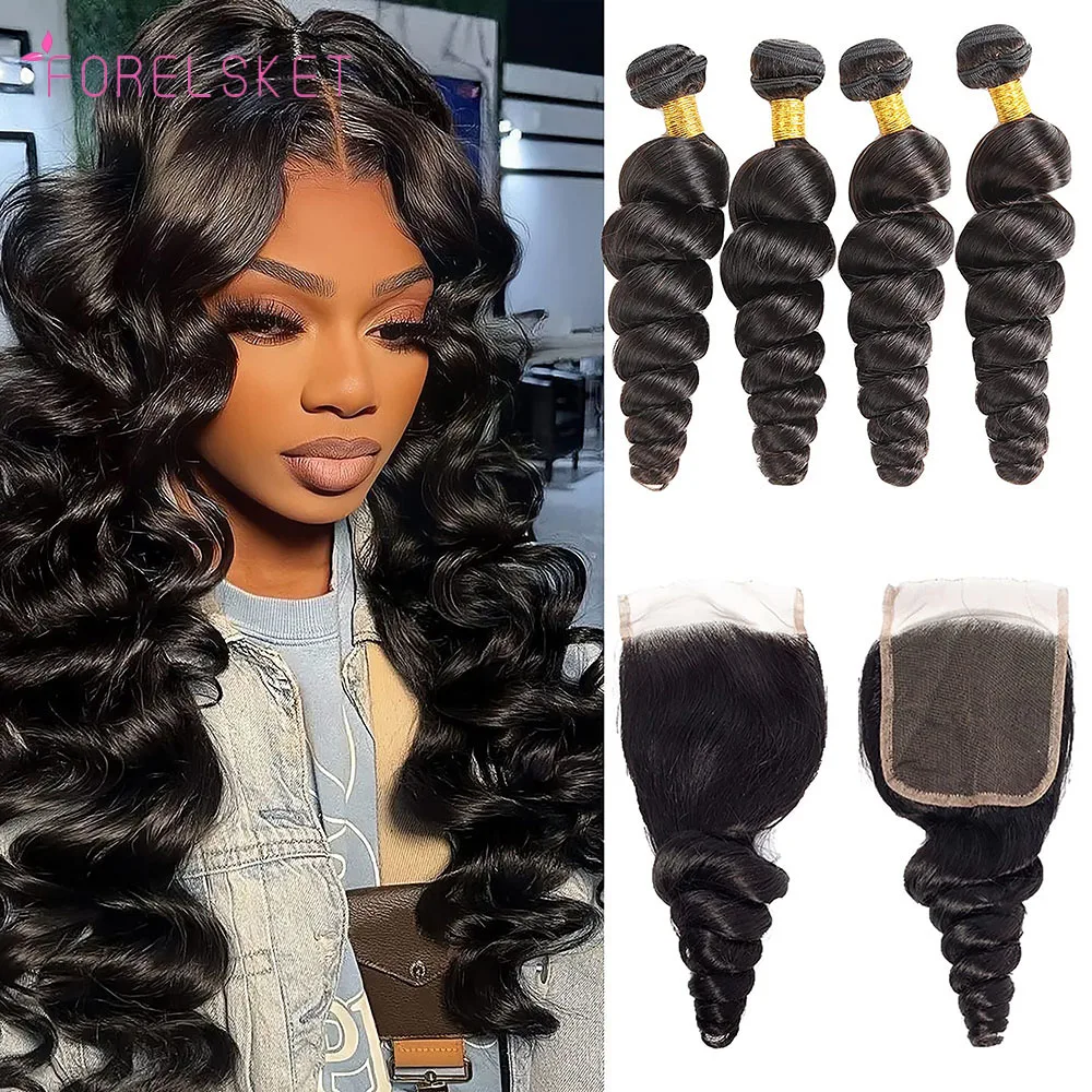 

10A Loose Wave Bundles With 4X4 Lace Closure Free Part Loose Wave Human Hair Bundles Loose Deep Wave Hair 3 Bundles with Closure