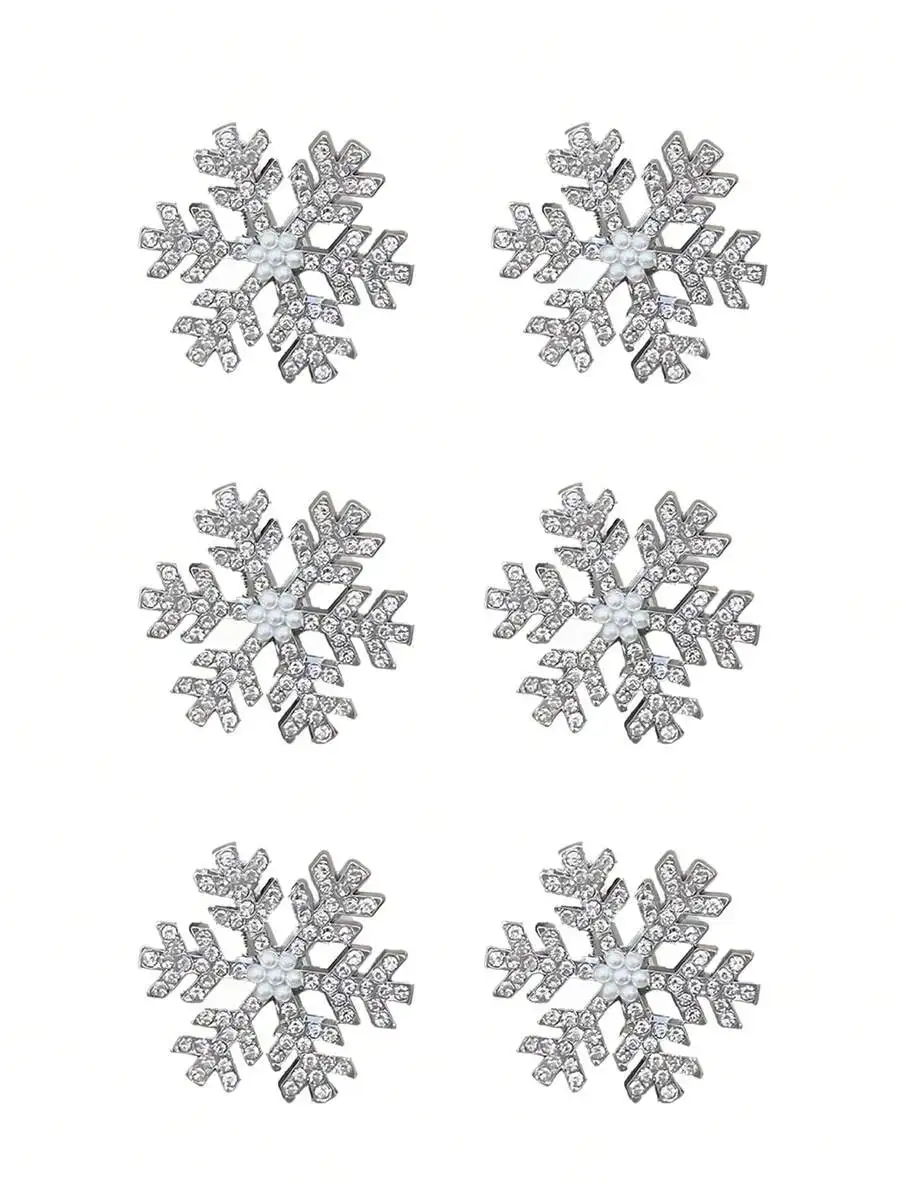 Women Silver Snowflake Faux Pearl Hair Clips Rhinestone Claw Bangs Clips Elegant Daily Wear Winter Accessory New Year Party Head view 2