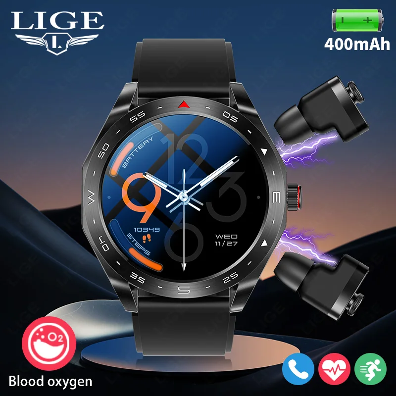 

Умные часы LIGE 2026 2 в 1 с наушниками, функцией мониторинга здоровья, высококачественным звуком, напоминаниями о будильнике, Bluetooth-звонками для мужчин