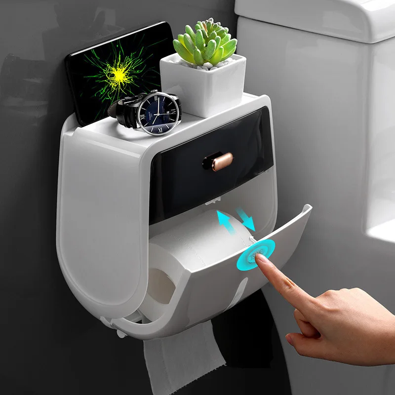Bathroom Tissue Holder Double Layer Wall Mounted No Drill Waterproof Creative Paper Towel Rack