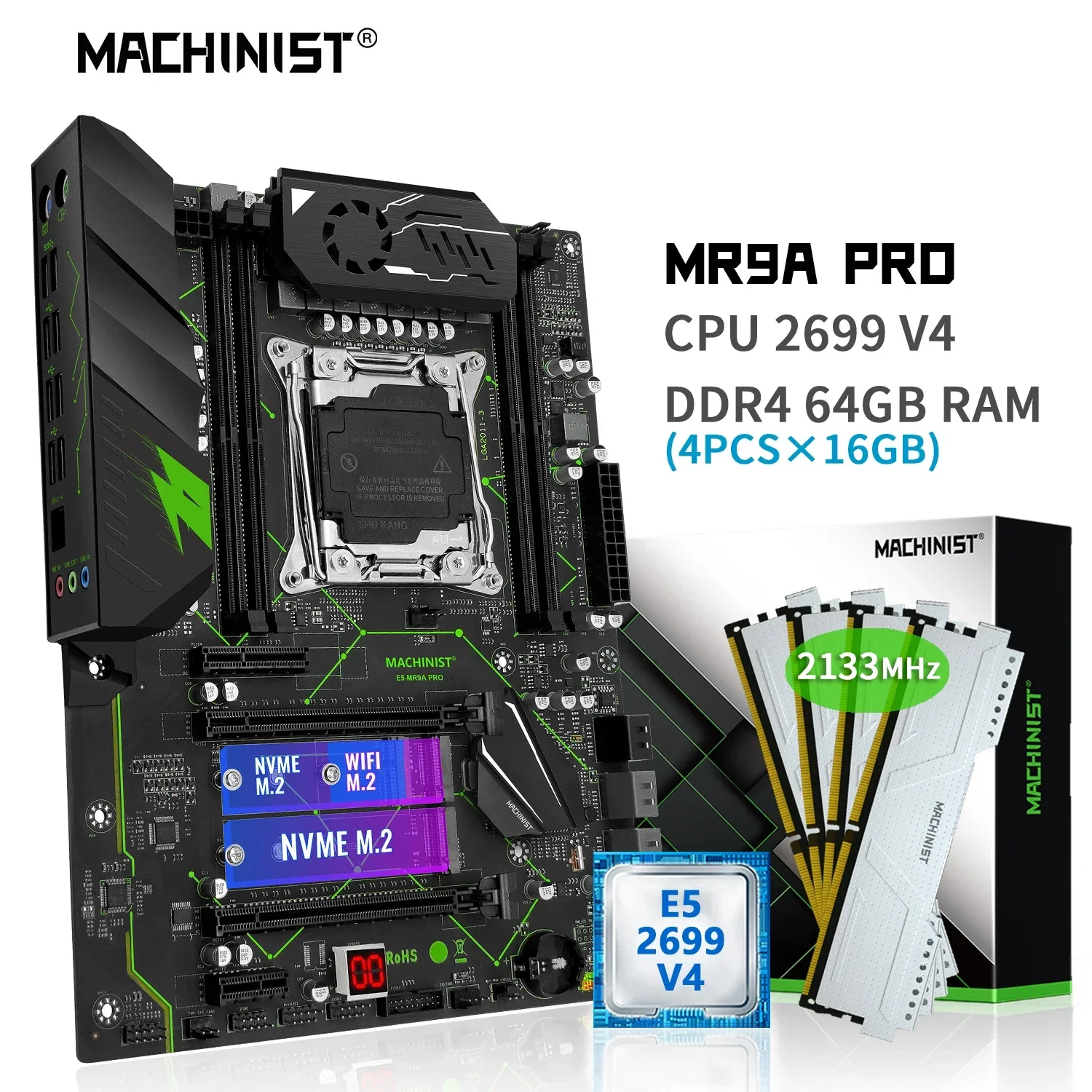 MACHINIST X99 Motherboard Combo Kit Xeon E5 2699 V4 CPU LGA 2011-3 Processor 64GB DDR4 RAM Memory NVME M.2 WIFI USB 3.0 MR9A PRO