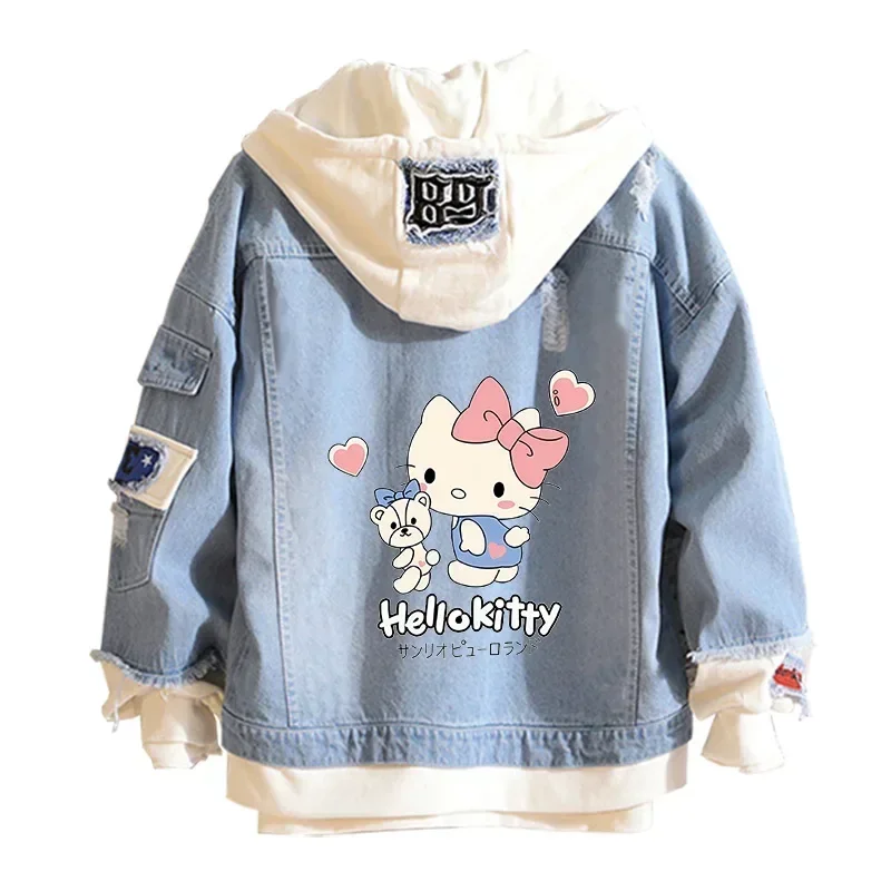 Anime Sanrio Denim Bomber Jacket Hello Kitty Hooded Jeans Sweatshirt Unisex Ripped Hole Cosplay Hoodie Long-Sleeved Denim Jacket