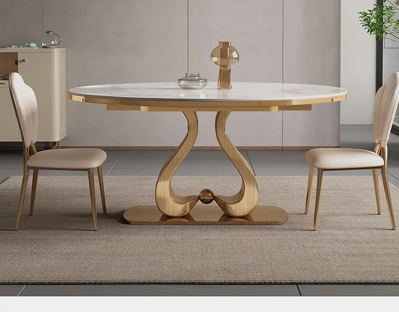 

Italian light luxury round rock slab dining table modern simple high-end retractable square and round round table