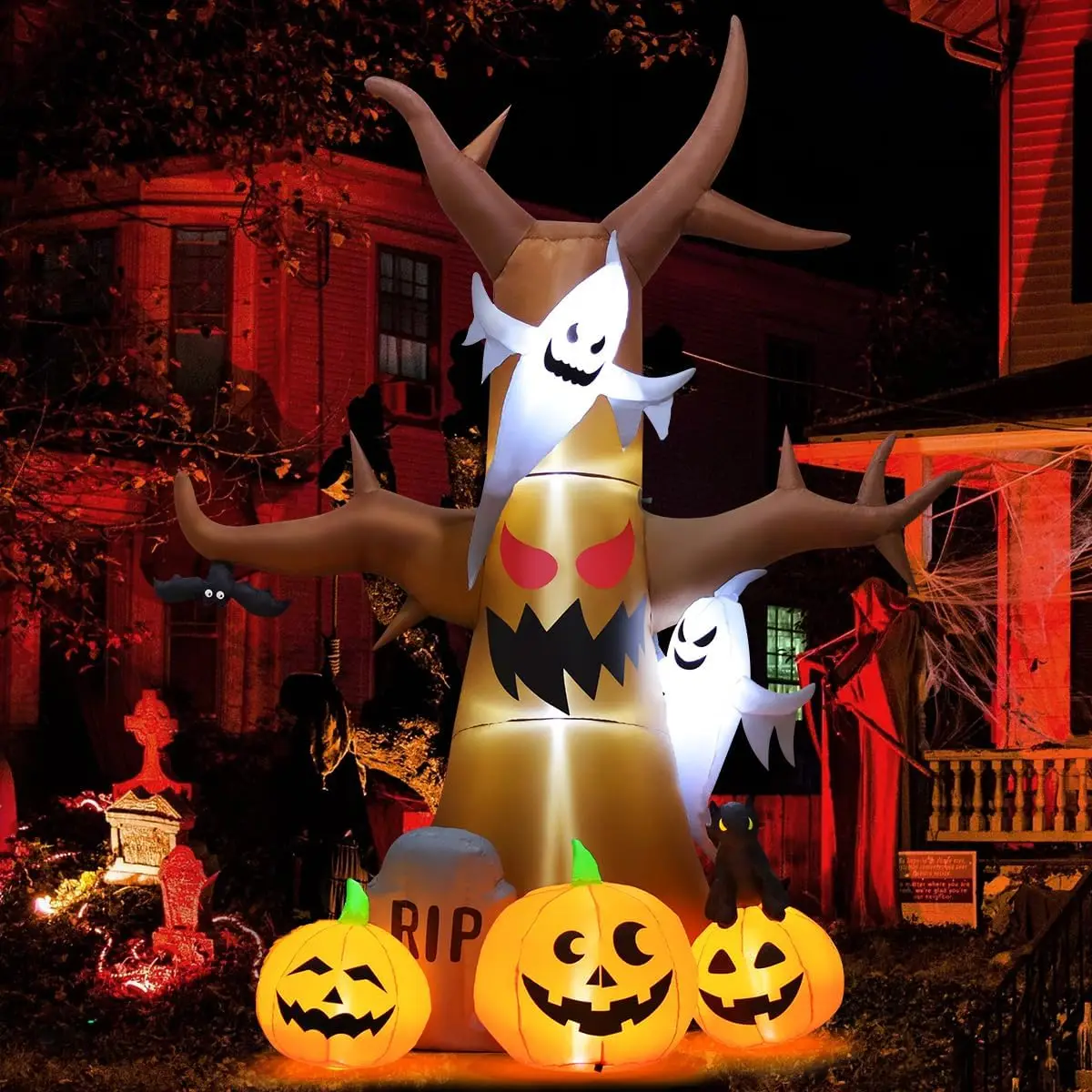 12 FT Halloween Inflatables Tree Outdoor Decorations Blow Up Yard Scary Dead Tree with Pumpkin Ghost Tombstone with Built-in LED