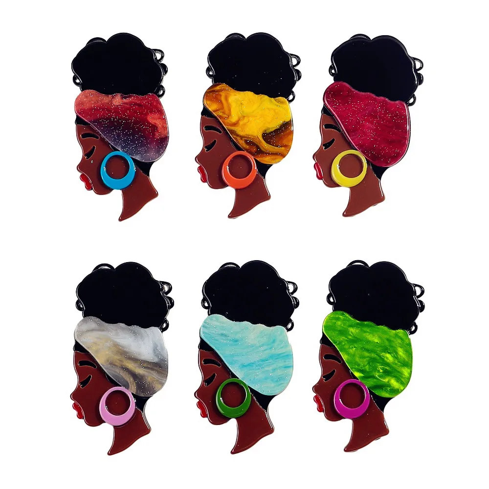 New Acrylic African Lady Brooches Lapel Pins for Women Colorful Hairband Black Girls Figure Brooch Badges Jewelry Accessories