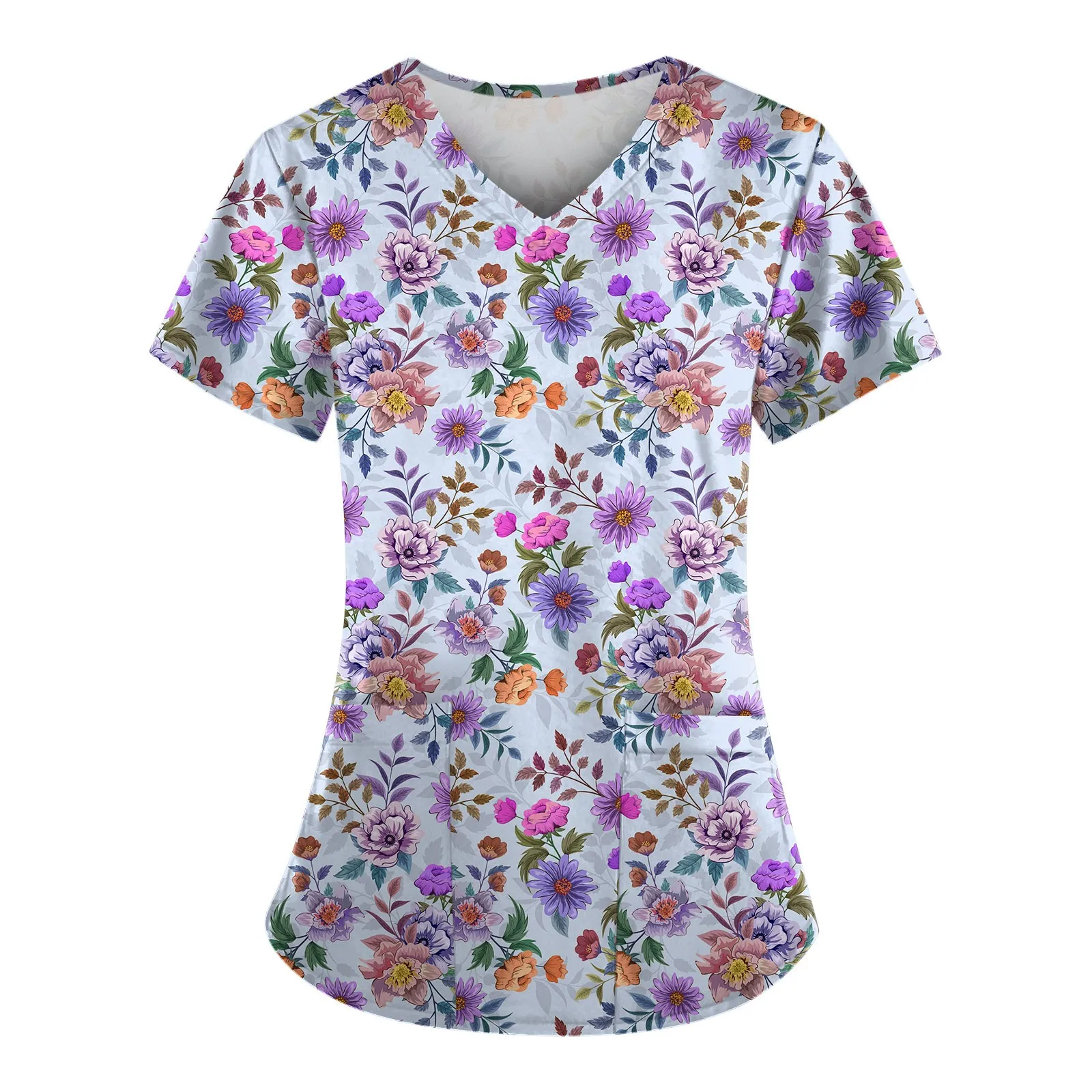 レディース半袖Vネックワークウェア花柄プリント作業服カジュアル医療クリニック看護ブラウスシャツ