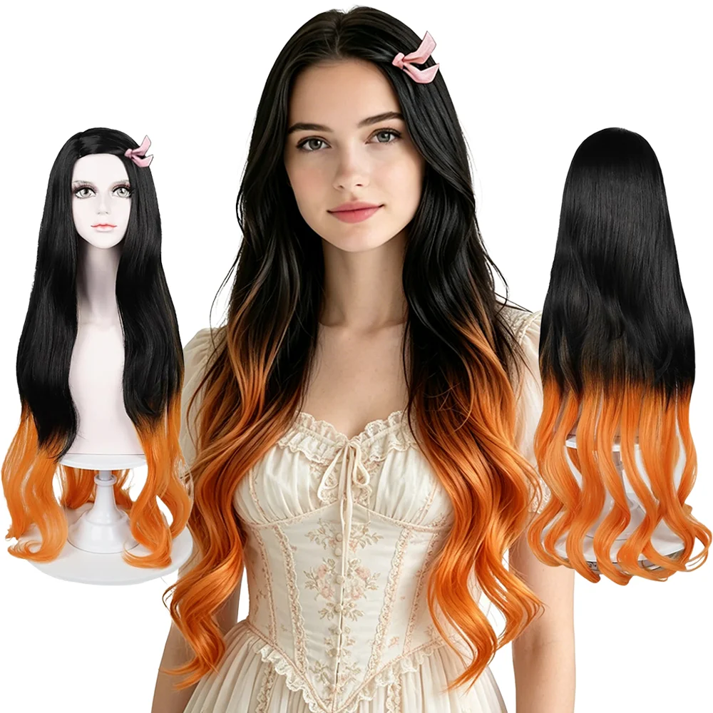 Kamado Nezuko Cosplay Wig Black Orange Gradient Long Wavy Heat Resistant Synthetic Anime Wig For Women Halloween Comic Con Party