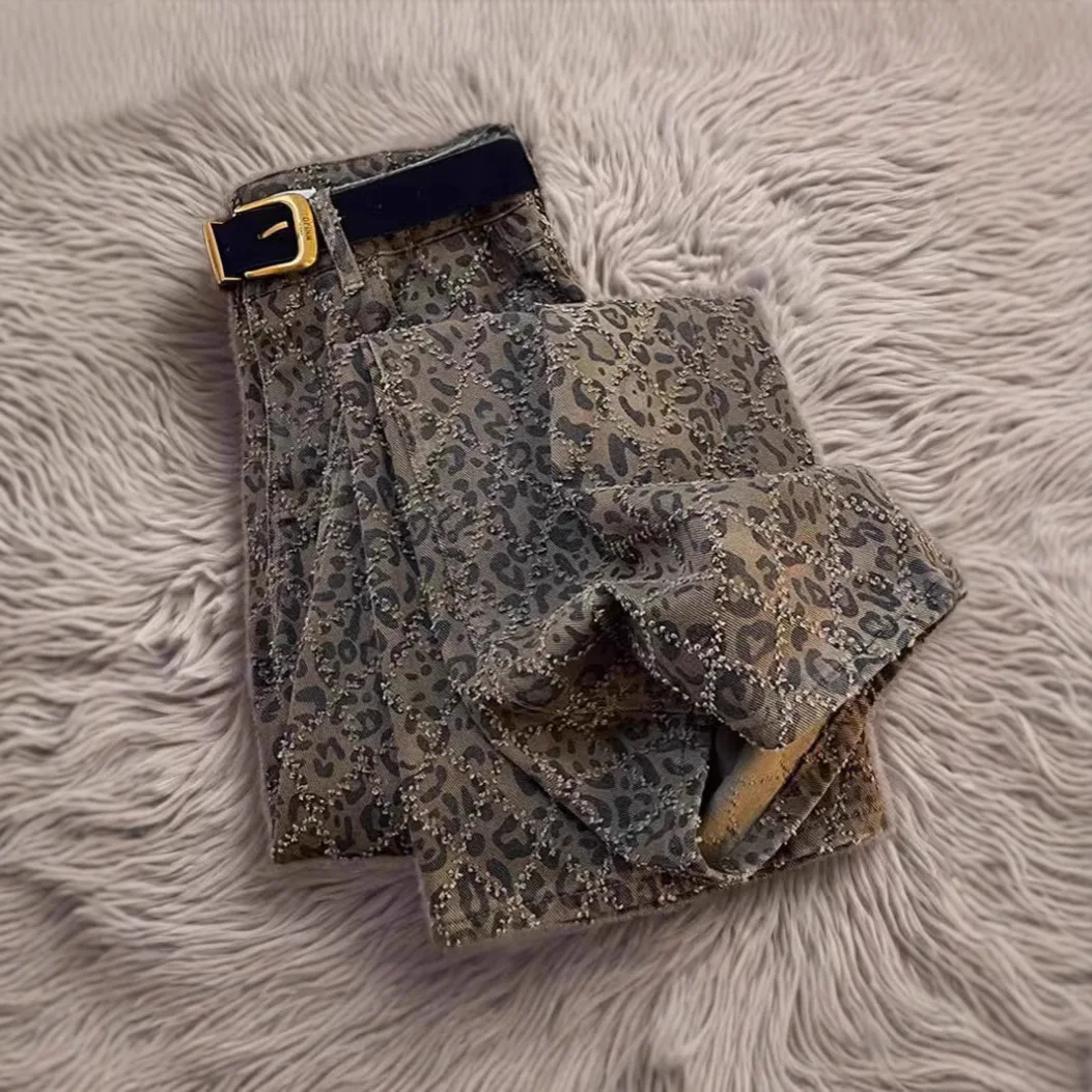 2025 الربيع والخريف جديد ليوبارد طباعة عالية الخصر رقيقة الجينز المرأة الشارع الأمريكية الرجعية بناطيل كاجوال #3