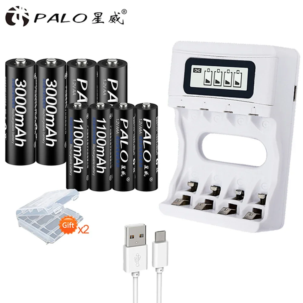 

PALO AA 1.2v Rechargeable Batteries + AAA rechargeable battery for toys + 1.2V Battery charger for 1.2V Ni-MH AA AAA battery