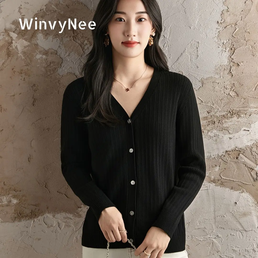 

WinvyNee Women's 100% Cotton Deep V-Neck Wide Ribbed Solid Stripe Long Sleeve Elegant Warm Breathable Daily Cardigan B1092026
