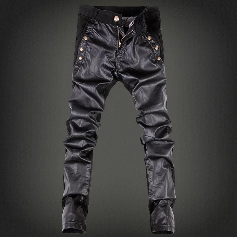 2024 trend new black Slim leather pants personality zipper stitching leather pants fashion youth motorcycle leather pants male