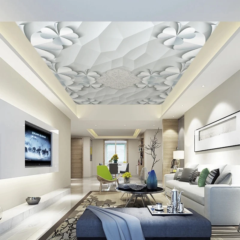 Custom Any Size Photo Mural Paper Modern Creative 3D Relief Clover White Grey Wallpaper for Ceiling Roof Decor House Renovation
