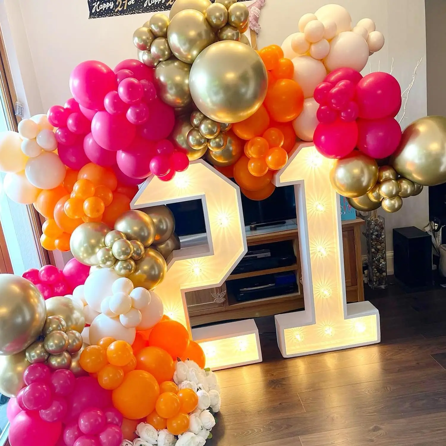 134 قطعة من البالونات الوردية والبرتقالية، بالون معدني ذهبي من اللاتكس لحفلات أعياد الميلاد وحفلات الزفاف وحفلات الزفاف