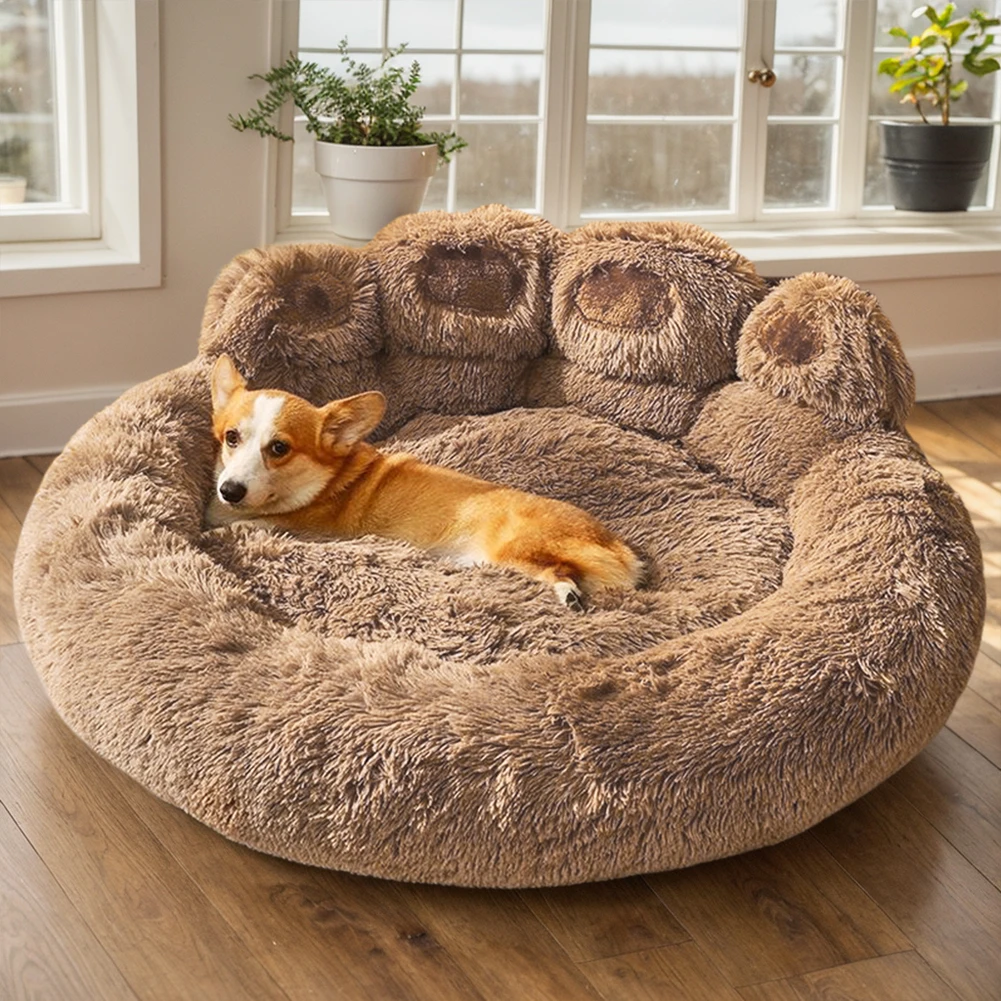 30 Inch/43 Inch Calming Dog Bed Paw Shape Plush Dog Bed with Removable Cover Donut Dog Bed Washable for Puppy and Kitten