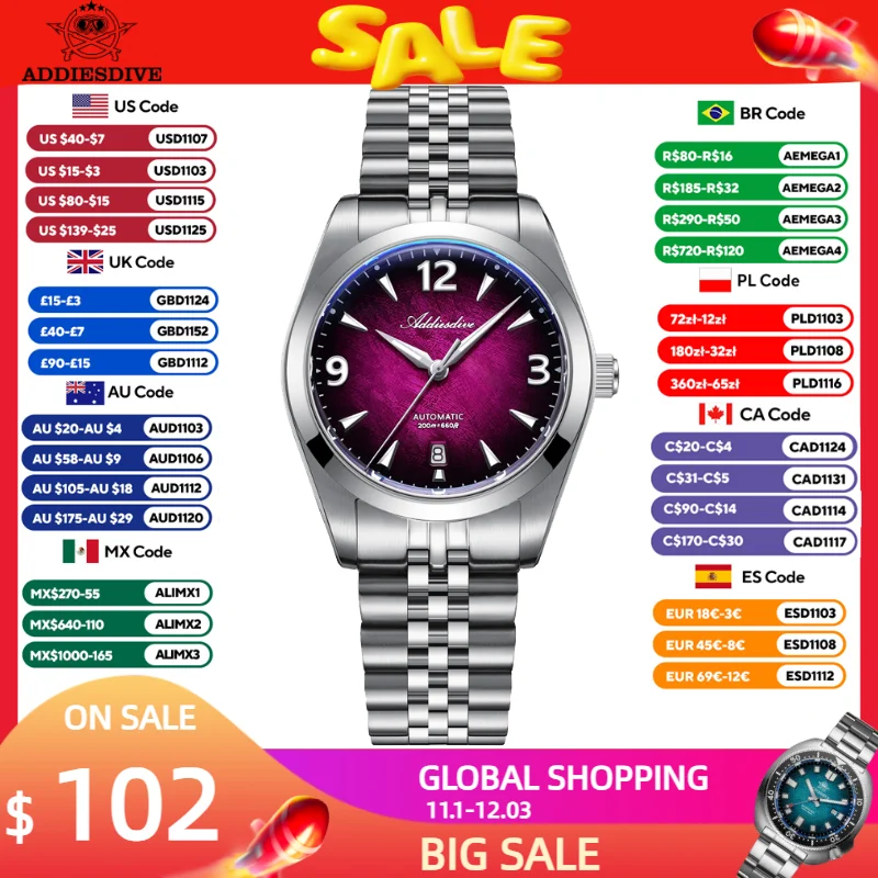 ADDIESDIVE Japan 8215 Automatic Watch Men Sapphire Glass 39mm Top Brand Mechanical Watch New AD2560 Waterproof 20Bar Luminous