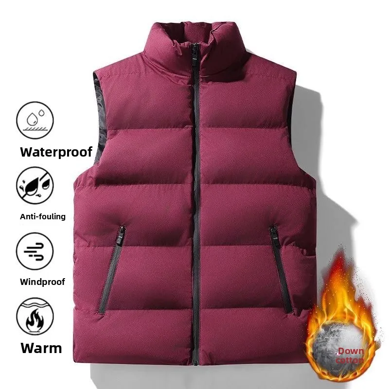 Thickened Fleece Autumn Winter Men's Casual Style down Vest Jacket Zipper Closure Stand Collar Loose Fit Outerwear