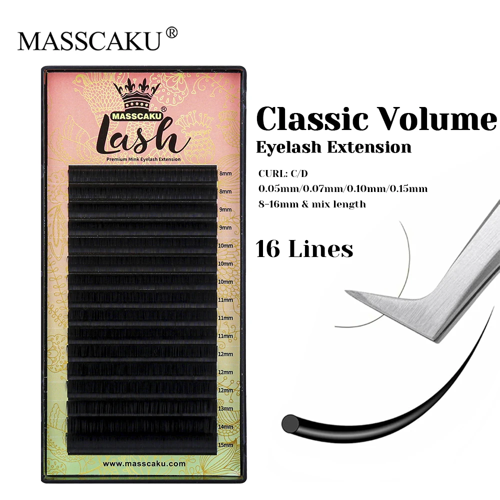 MASSACKU 16 Rows 0.05/0.07/0.10/0.15mm Thickness Waterproof Regular Lash C D Curl High Quality Classic Volume Lashes Easy to Use