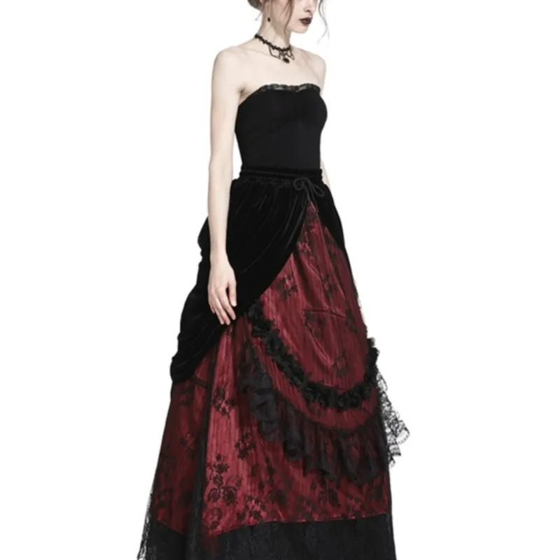 High Quality |Gothic Black Red Wave Velvet Lace Maxi Women Dress