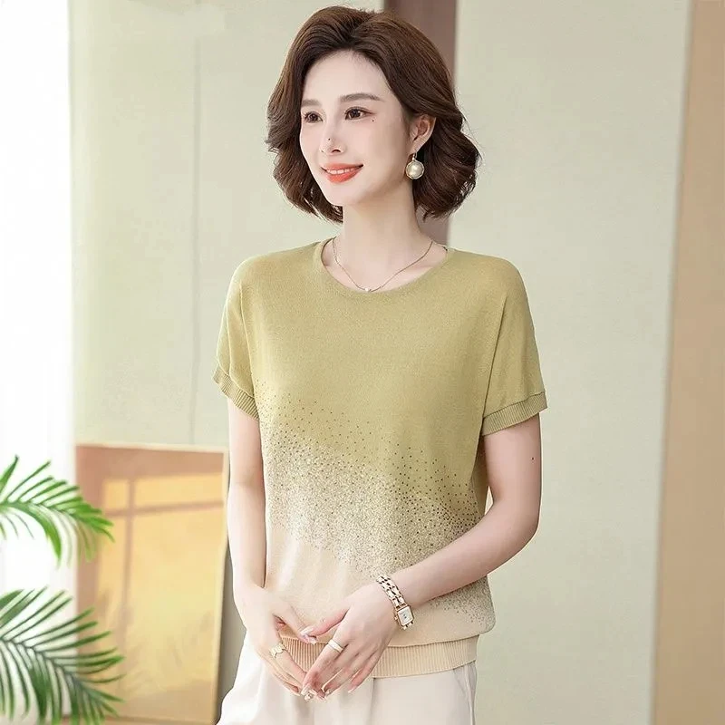 Elegant Mature Women Summer Ice Silk Knit Tee Gradient Rhinestone Short Sleeve Casual Mom Daily Tops S-4XL