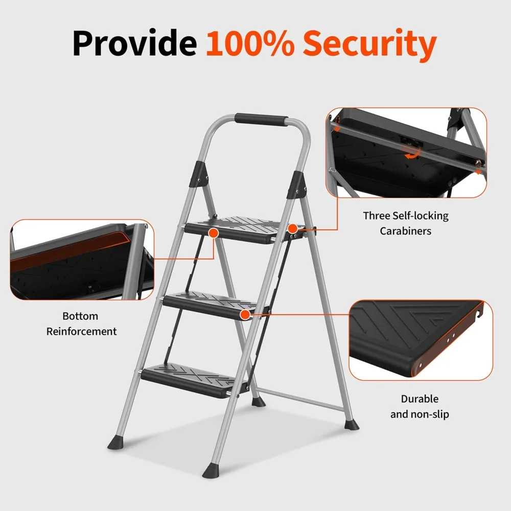 سلم قابل للطي بثلاث خطوات مع دواسة مضادة للانزلاق، مقعد فولاذي بسعة 900 رطل لسلامة المكاتب المنزلية