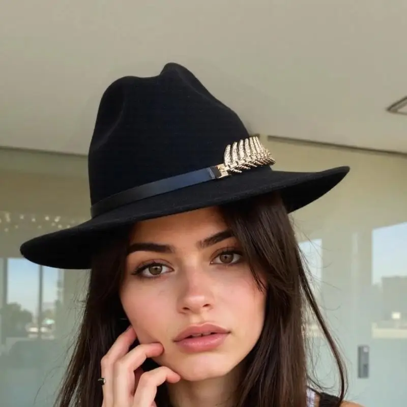 

39BD Panama Hat Classical Headwear Decorative Metal Leaf Headwear Photo Props