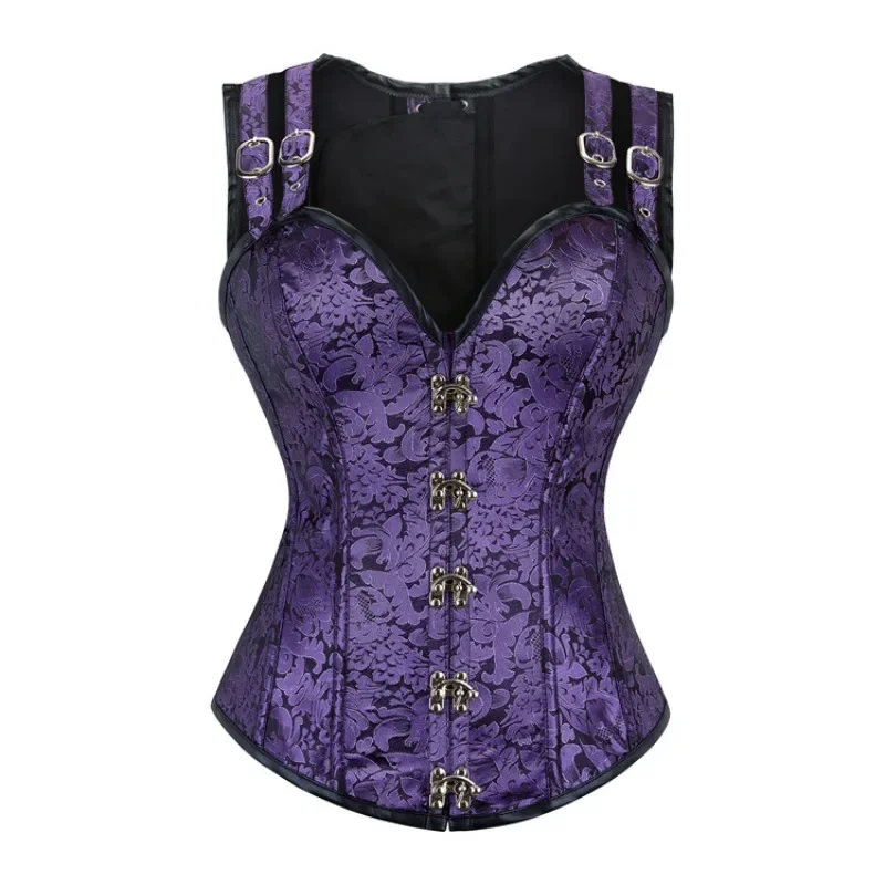 

Purple Steampunk Corset Top Shoulder Straps Women Vintage Bustiers Steel Bones Overbust Corselet Gothic Clothing Medieval Ladies
