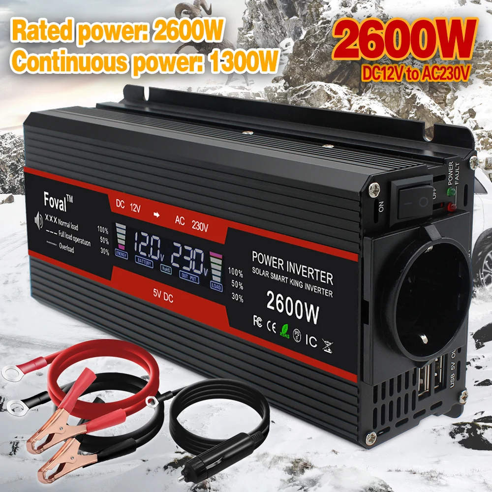 

DC 12V/24V To AC 230V 1500W/2000W/2600W Peak LCD Display Home/Car Modified Sine Wave Solar 2 USB EU Socket Power Inverter