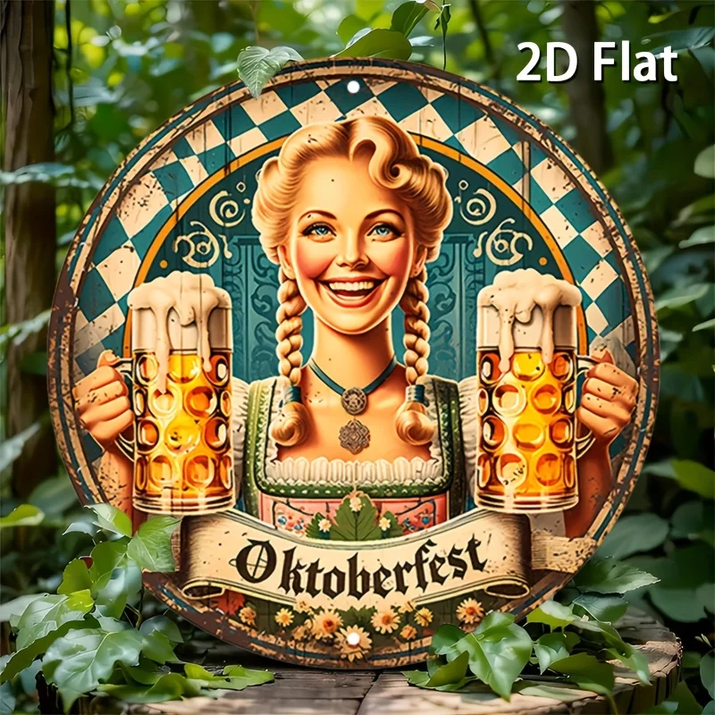 2D Flat, 2D Flat2D Flat Retro-Metallschild im bayerischen Stil – 7,8 x 7,8 Zoll rundes Aluminium-Poster mit festlichen Feiertagsbildern, Vintage