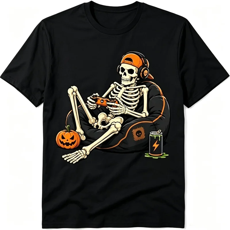 Halloween Skeleton Gamer T Shirt Unisex Funny Skull Gaming Controller Pumpkin Graphic Short Sleeve Tee Casual Streetwear Top