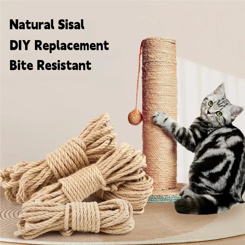 Corda de Sisal Natural para Reposição de Arranhadores de Gato 4/6/8mm, Corda Resistente para Reparo de Árvores de Gato, Protetor de Móveis DIY