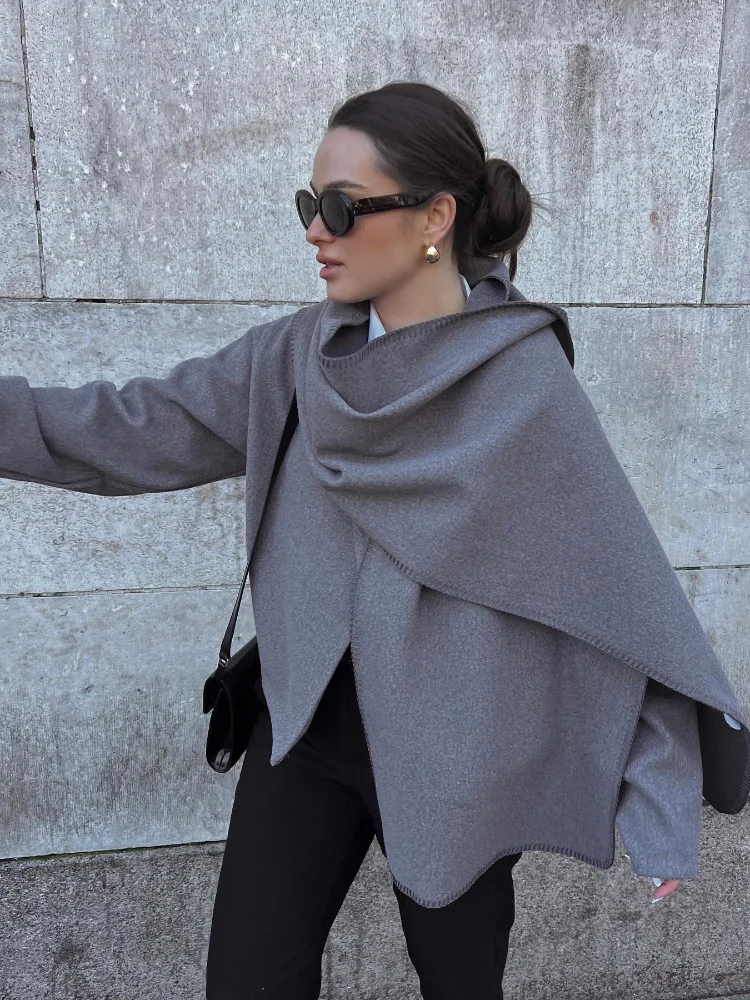 Elegant Women Irregular Shawl Scarf Collar Woolen Jacket Fashion Loose Long Sleeve Short Outwear Autumn Female Street Warm Coats