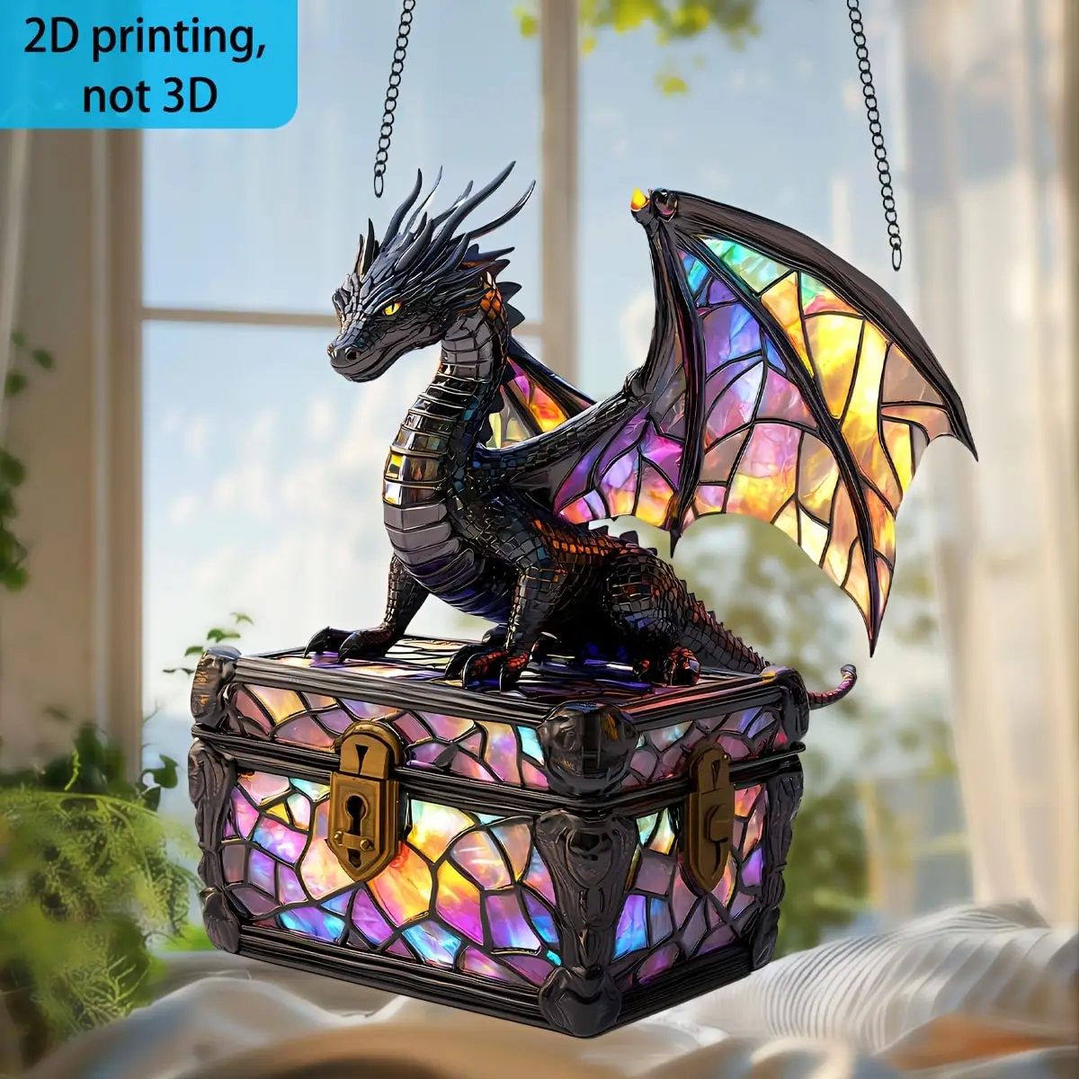 1pc, 2D Flat Print, Dragon Suncatcher Guarding Treasure, Decorative Sign, Fun Gift, Birthday Gift, Best Friend Gift, Holiday