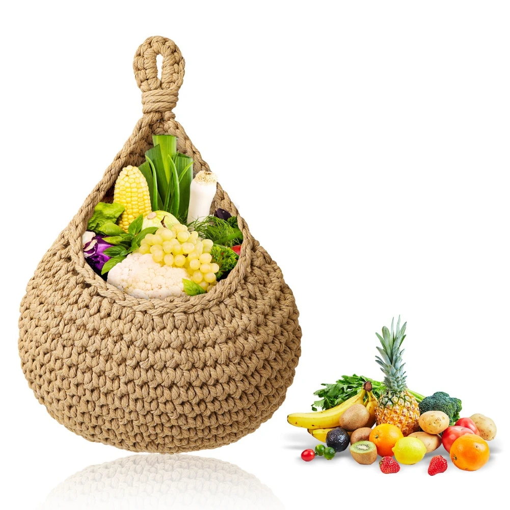 

1 Pc Hanging Storage Basket Jute Eco Teardrop Shape Hand-woven Breathable Strong Durable Hanging Wall Vegetable Fruit Baskets