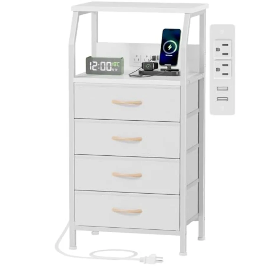 

Night Stand with Charging Station, Dresser with PVC and Fabric Drawers, 33.3 Inch Side Table with Open Shelf, Tall Bedside Tabl