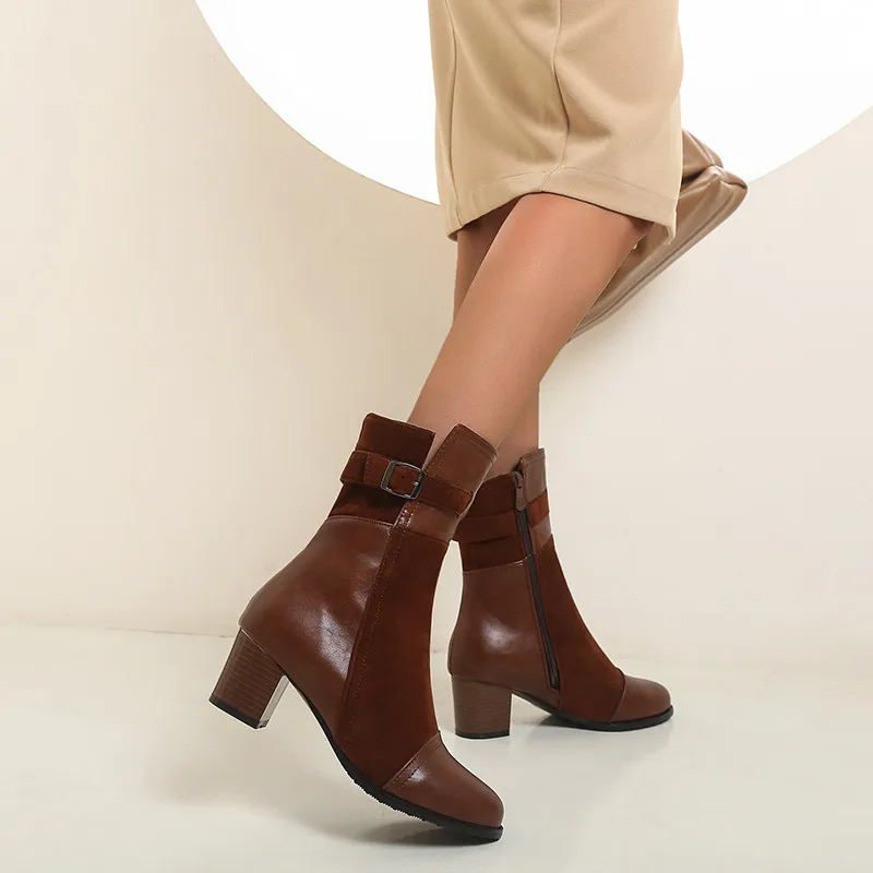 

YMECHIC 2025 Autumn Winter Ladies Vintage Boots Block High Heels Patchwork Black Green Brown Knight Riding Party Shoes for Women