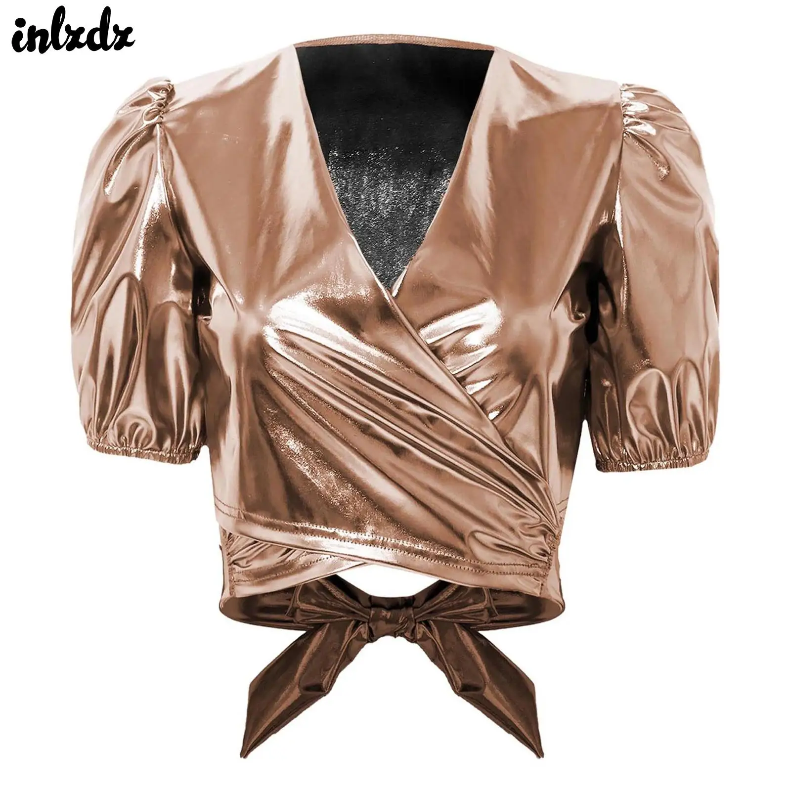 

Womens Shiny Holographic Backless Tie Crop Blouse Tops Puff Short Sleeve Y2k Shirt Top Music Festival Blouse Tops Clubwear