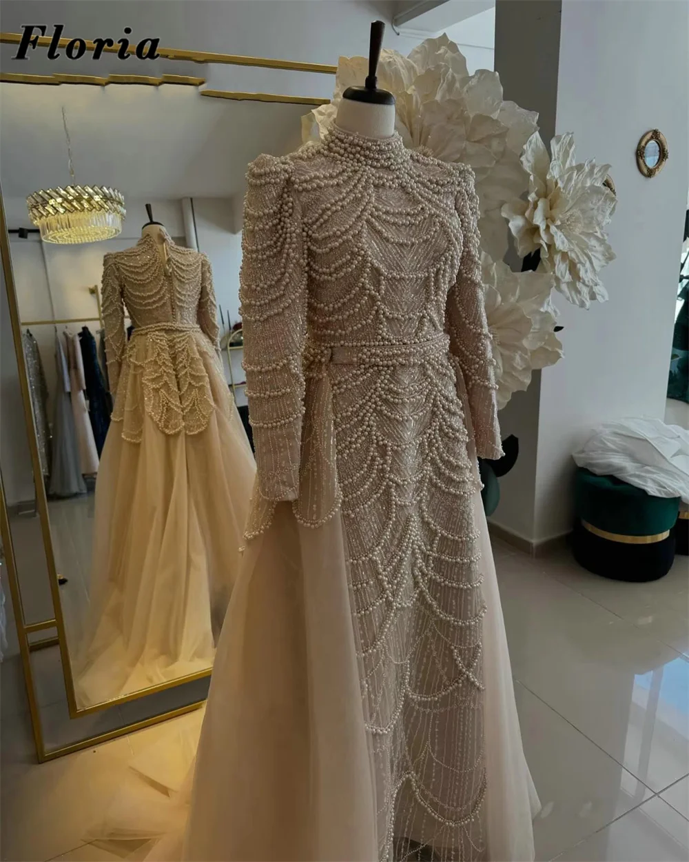 

Abendkleider Champagne Pearls Evening Dresses Middle East Kaftans Women Prom Dress Robes Dubai Wedding Party Gowns Customize