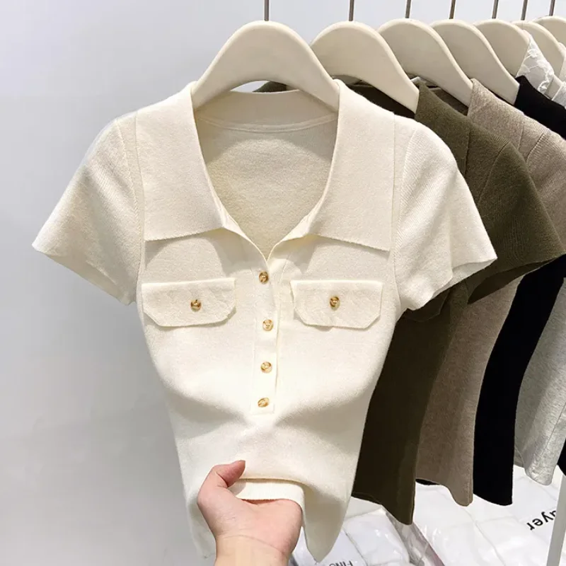Polo Collar Right Shoulder Ice Silk Top Women's Summer High-end American Short-sleeved T-shirt
