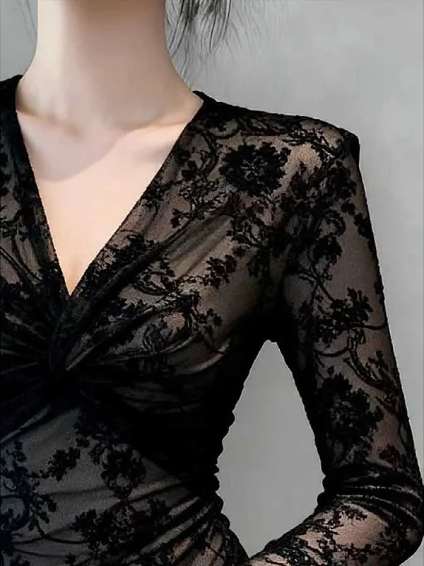 Top Sexy de Tamanho Grande com Base de Renda para Mulheres, Roupa Interna de Outono e Inverno, Slimming, Comprimento Longo, Decote em V com Nó