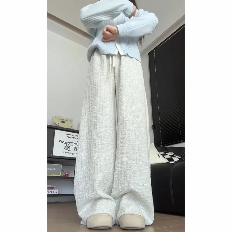 ブルーハイウエストカジュアルパンツアンチエイジングスタイル女性のための秋冬新小さいサイズ痩身ドレープフロアレングスパンツ