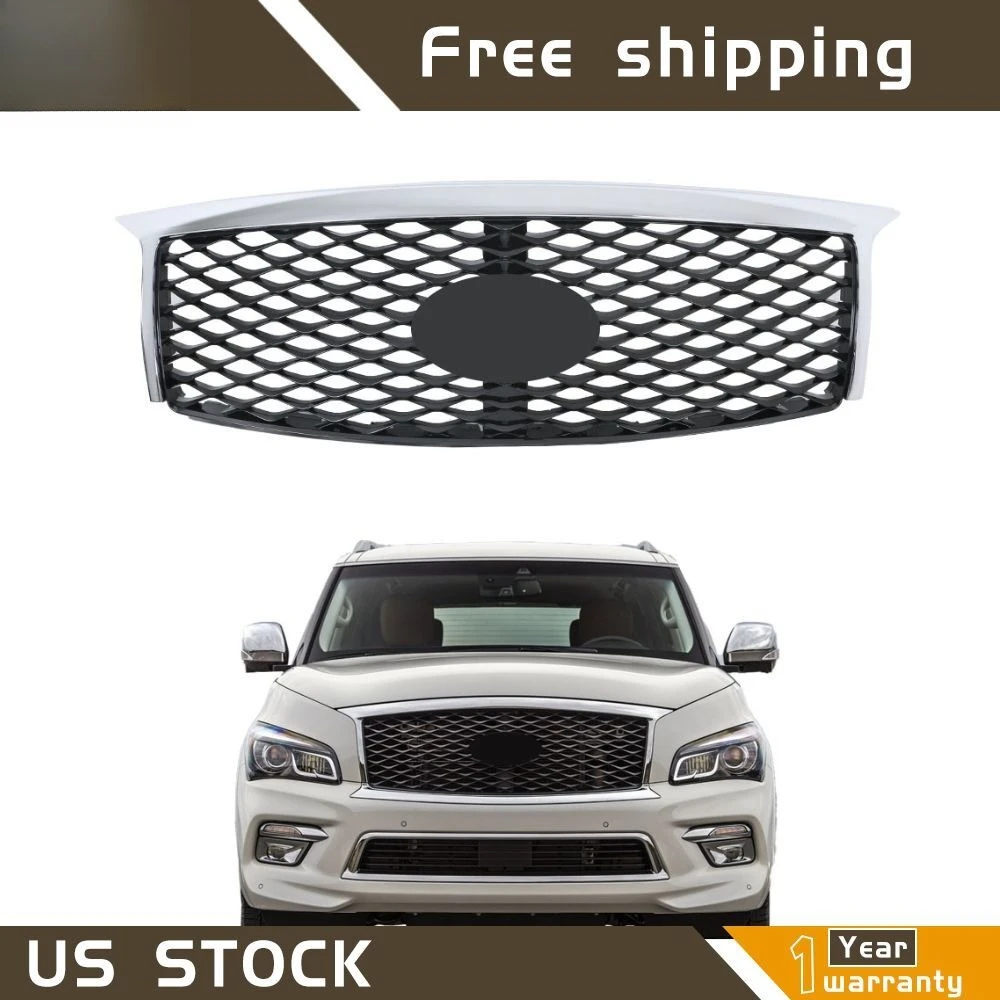 

Front Bumper Upper Grille For Infiniti QX80 2015 2016 2017 Black Chrome Grill