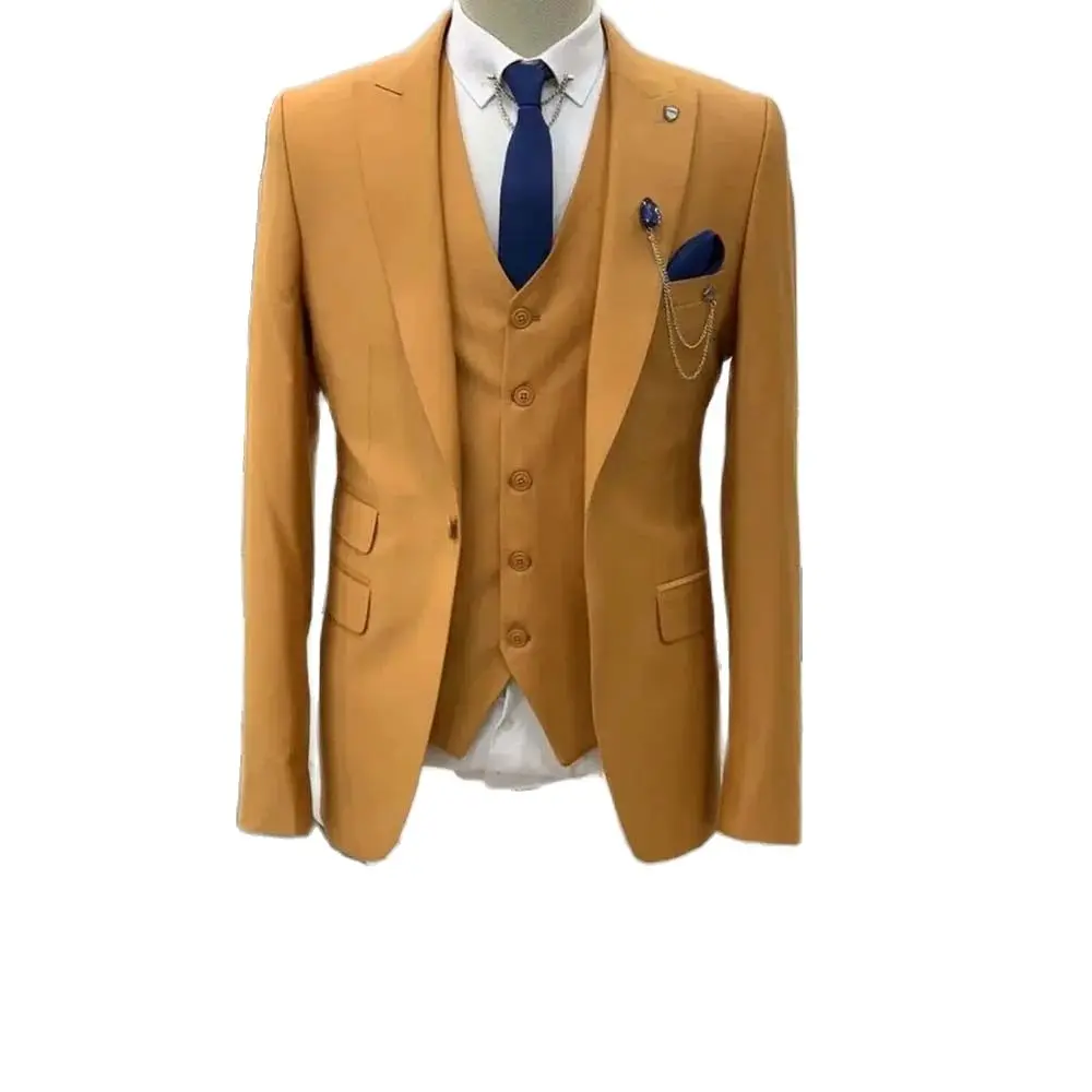 Luxury Yellow Men Suits Slim Fit Male Clothing One Button Peak Lapel Blazer Elegant Wedding Dress 3 Piece Jacket Pants Vest Sets