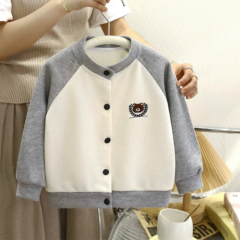 Boys Girls Baseball Jacket 1-8 Years Kids Cute Bear Embroidery Knitted Cardigan Spring Autumn Casual Color Blocking Outerwear