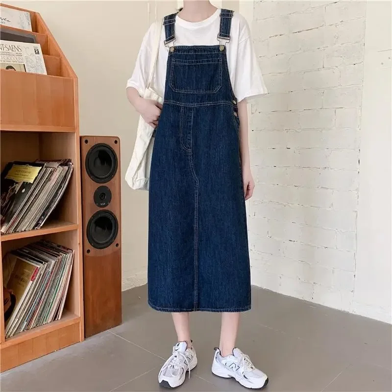 Women's Loose Casual Deep Blue Denim Overalls Spring Summer Korean Style Vintage High Waist Multi-Pocket Midi Skirt