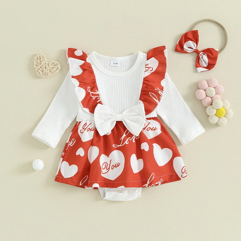 Infant Girl Romper Dress Heart Print Long Sleeve Ruffled Dress Bow Headband Valentines Day Outfit