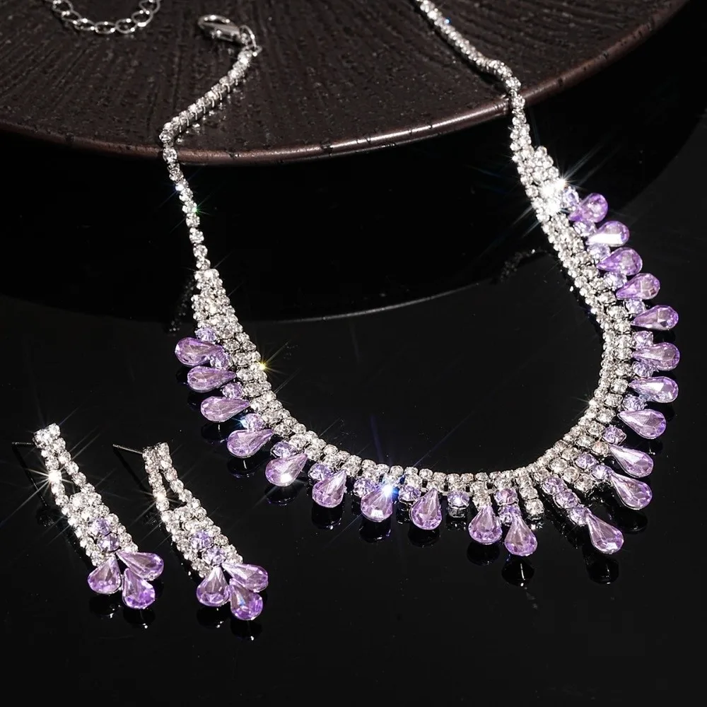 

Water Drop Rhinestone Jewelry Set Shiny Exquisite Tassel Necklace Earrings Set Inlaid Luxury Crystal Necklace Set Banquet