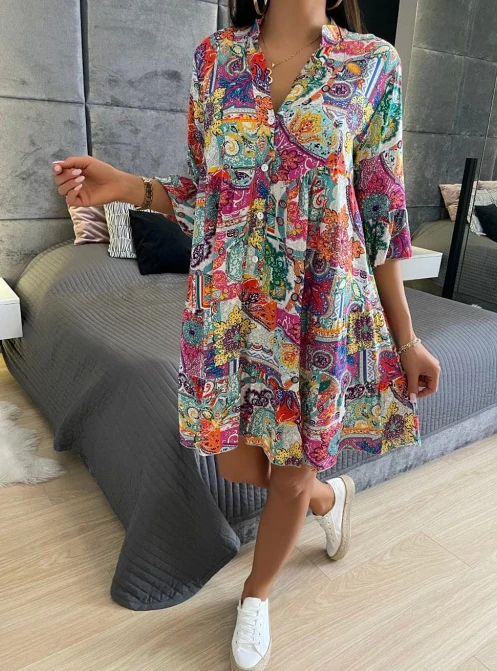 

Flare Sleeved Standing Collar Printed Loose Casual Dress 2023 New Hot Selling Fashion Women's Half Sleeve