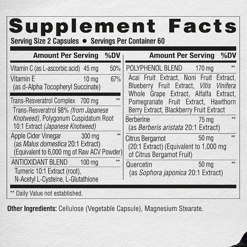Resveratrol Supplement, 19 in 1 Polyphenol Complex, Nori Extract, Berberine,apple Cider Vinegar,heart Health Support,60capsules