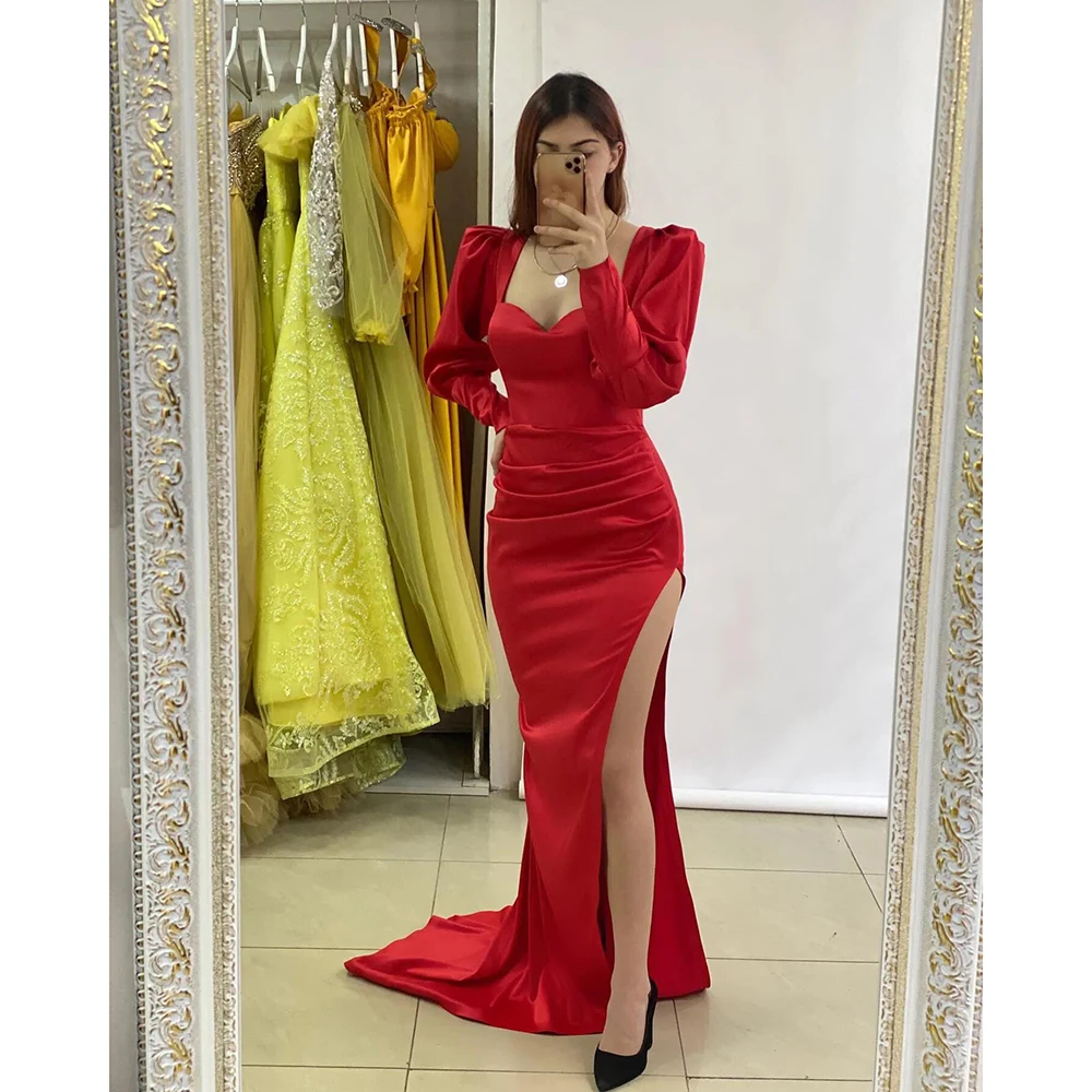 

Customized Elegant Red Mermaid Evening Dresses Long Sleeves Party Prom Dress Pleats Split Floor-Length Dress For Special Occasio