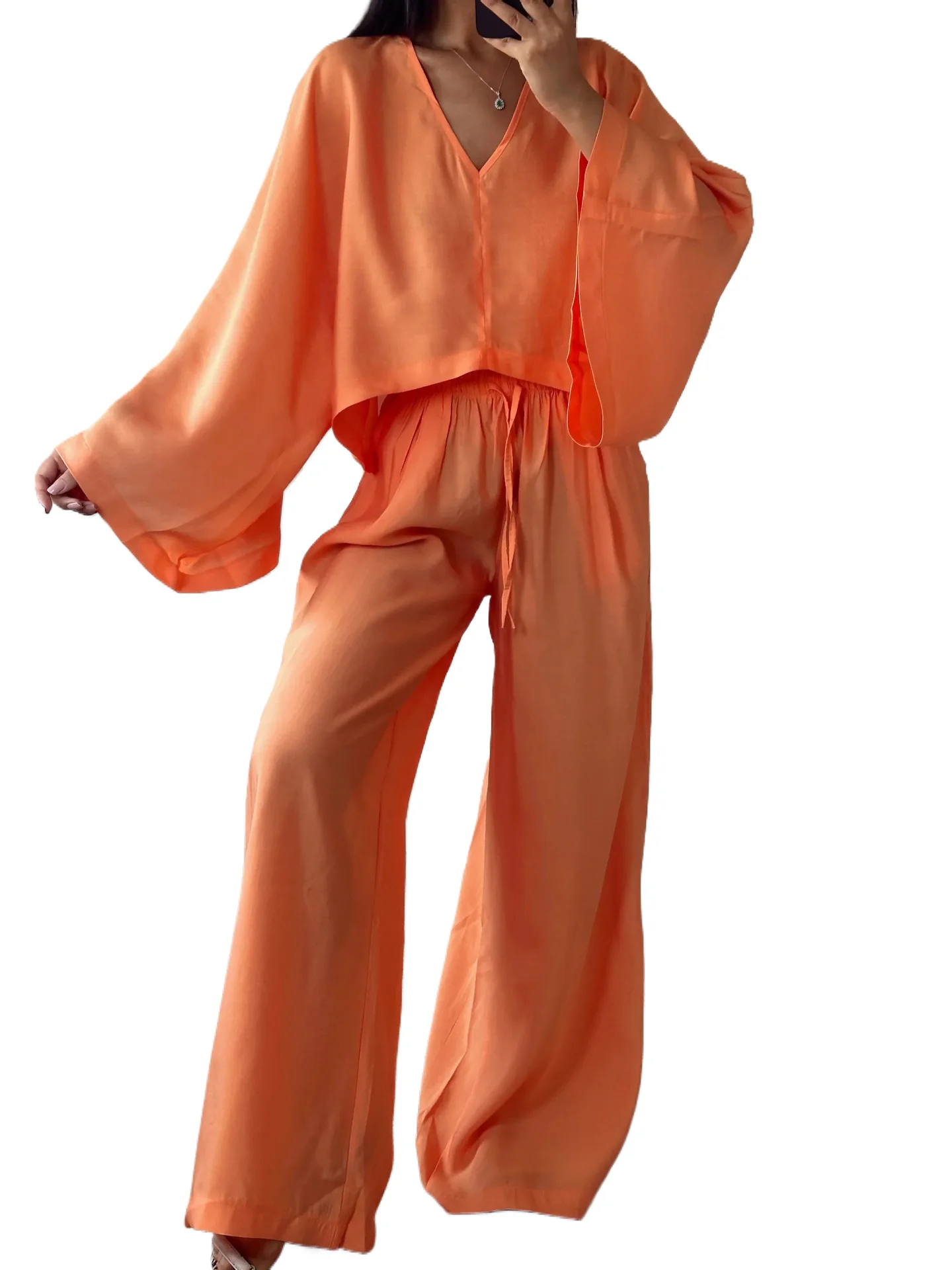 

Casual Solid Color Two Piece Set Loose Bat Sleeve V-neck Pullover High Waist Trousers Set Autumn New Women Clothing